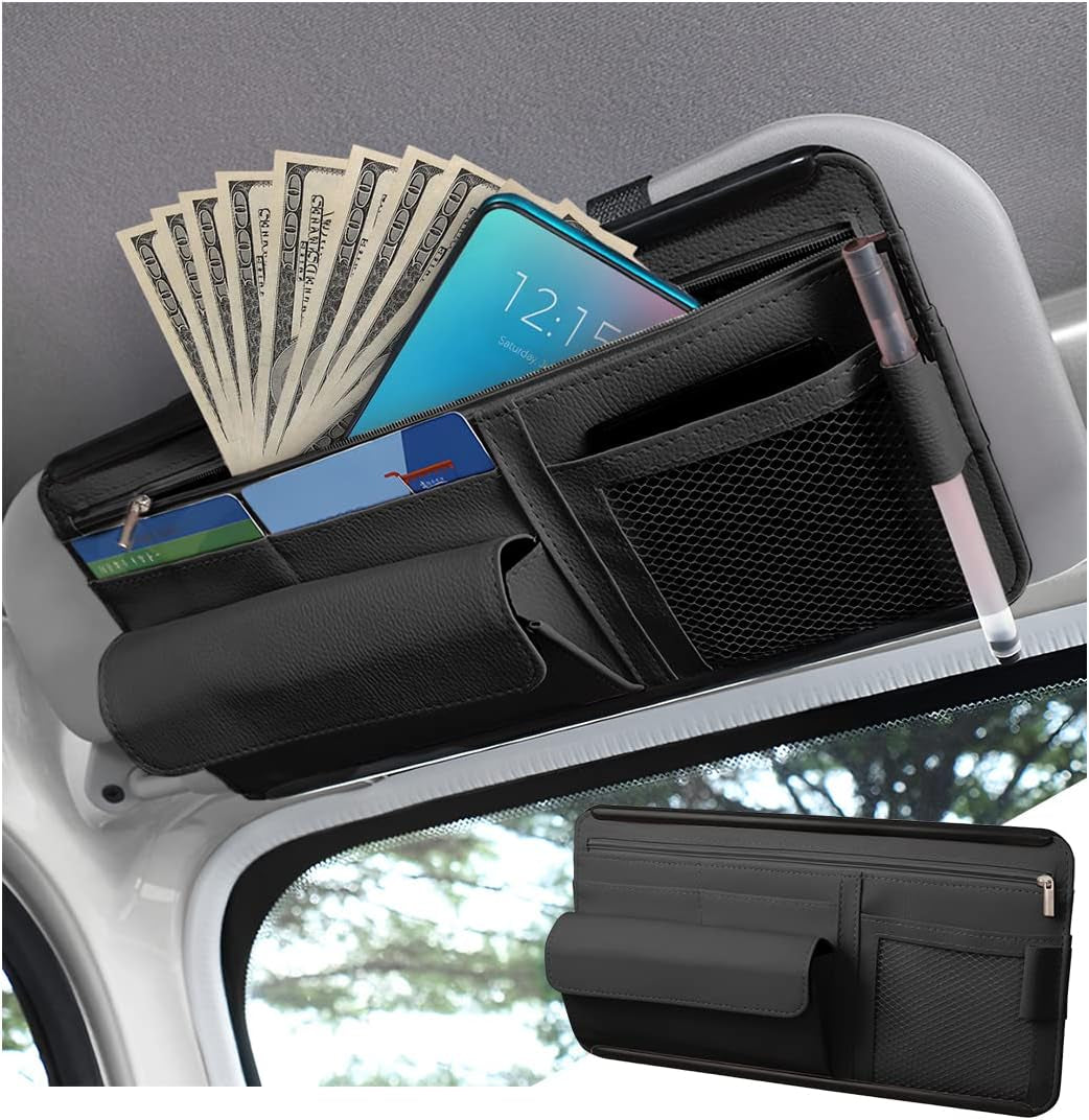 Car Sun Visor Organizer, Car Visor Pocket Wallet Pouch Holder, Vehicle Sunshade Glasses Case Storage Bag with Multi-Pocket Net Zipper, Auto Interior Accessories Universal for SUV Truck Van (Black)