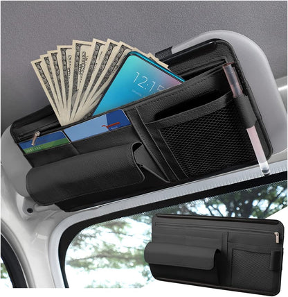 Car Sun Visor Organizer, Car Visor Pocket Wallet Pouch Holder, Vehicle Sunshade Glasses Case Storage Bag with Multi-Pocket Net Zipper, Auto Interior Accessories Universal for SUV Truck Van (Black)