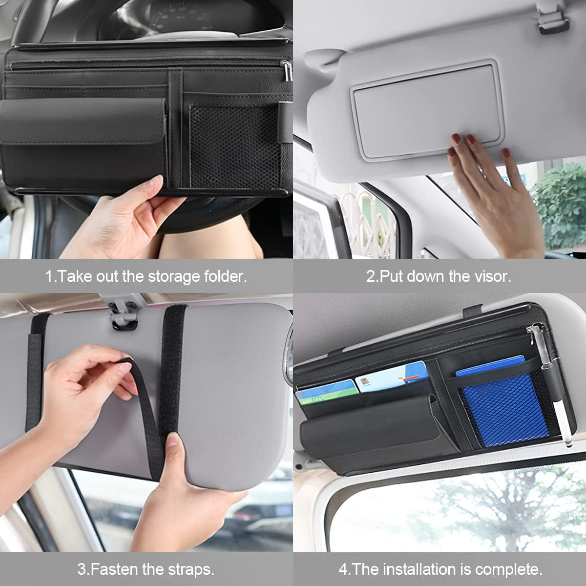 Car Sun Visor Organizer, Car Visor Pocket Wallet Pouch Holder, Vehicle Sunshade Glasses Case Storage Bag with Multi-Pocket Net Zipper, Auto Interior Accessories Universal for SUV Truck Van (Black)