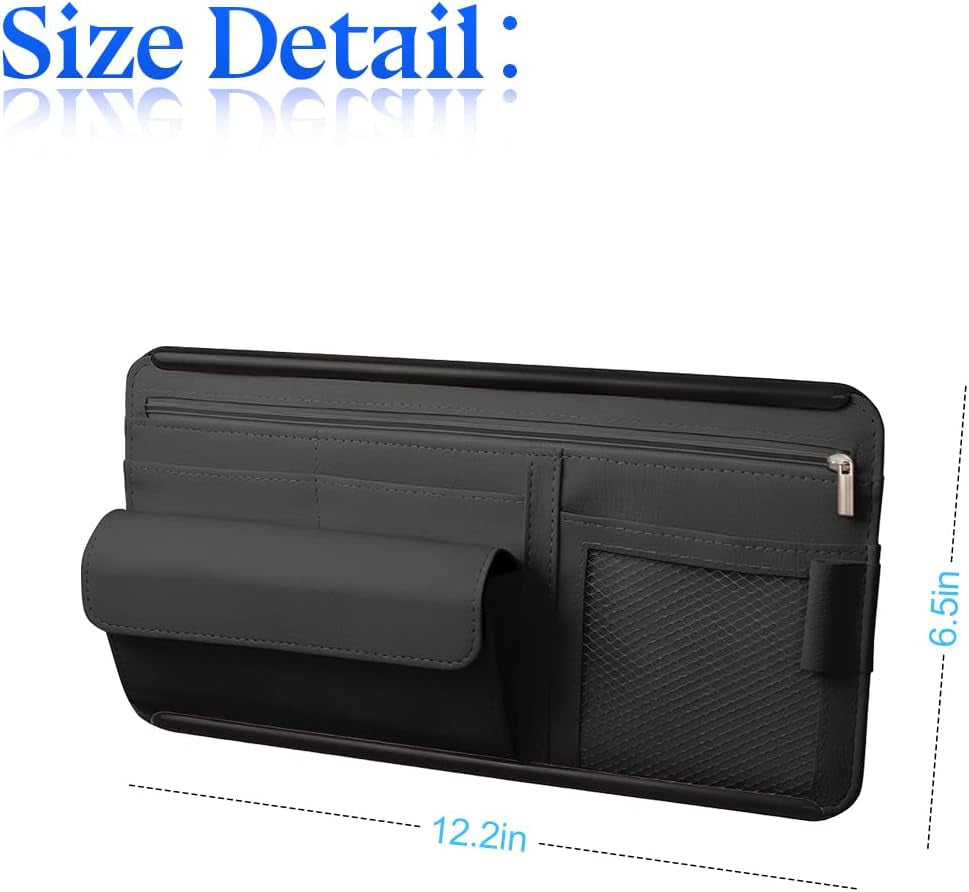 Car Sun Visor Organizer, Car Visor Pocket Wallet Pouch Holder, Vehicle Sunshade Glasses Case Storage Bag with Multi-Pocket Net Zipper, Auto Interior Accessories Universal for SUV Truck Van (Black)